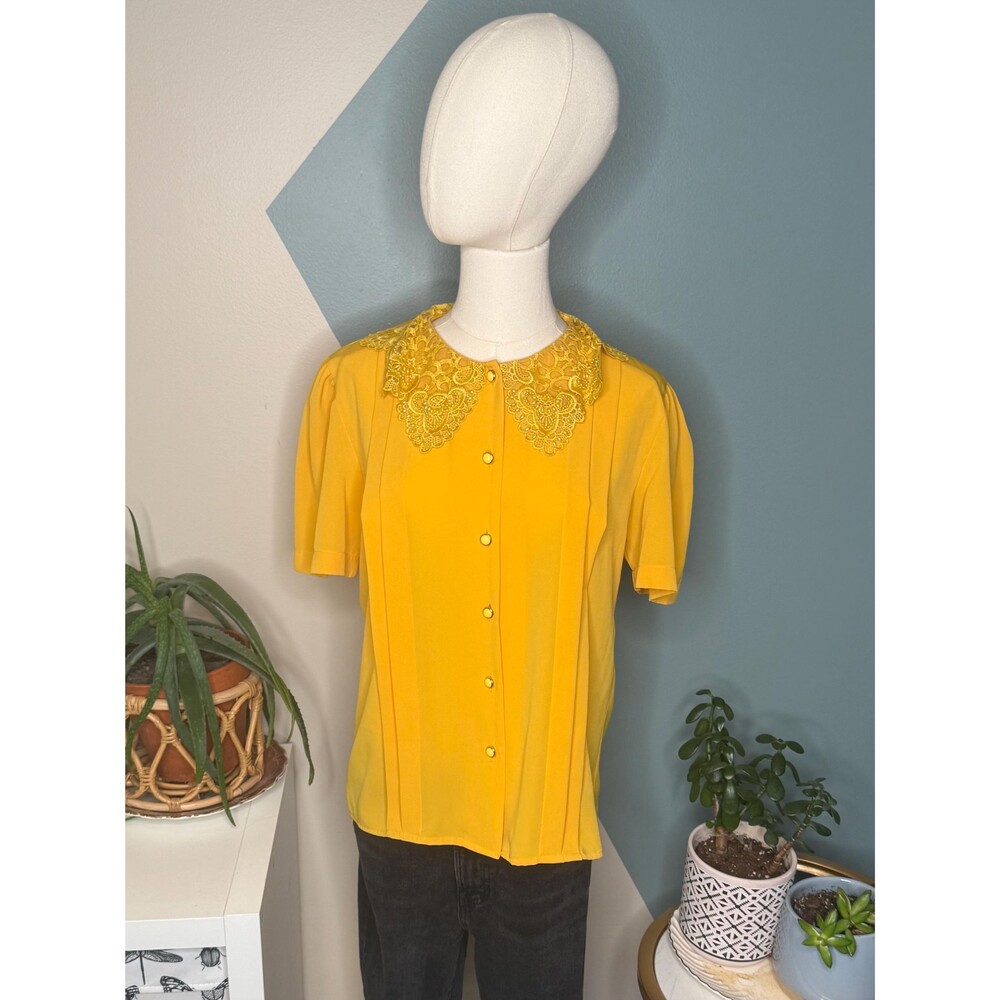 Vintage Mustard Beaded Lace Collar Puff Sleeve Blouse USA - Picture 2 of 12